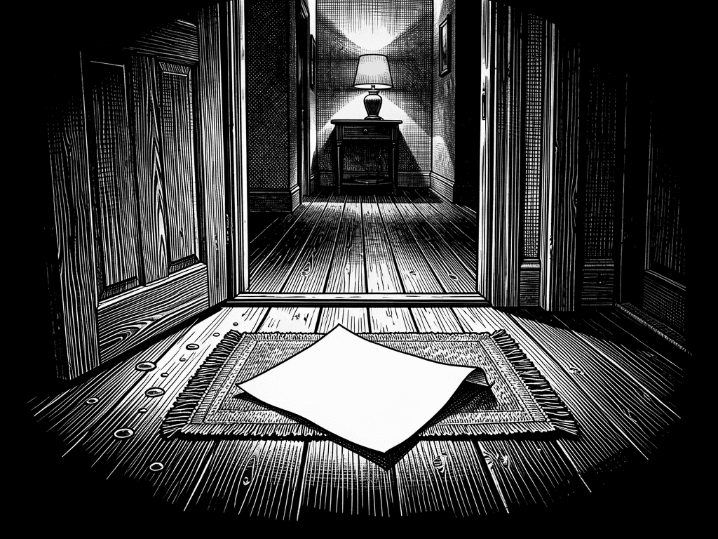 A folded letter lying on a rag rug just inside a dark front door, dry while the boards around it are wet.